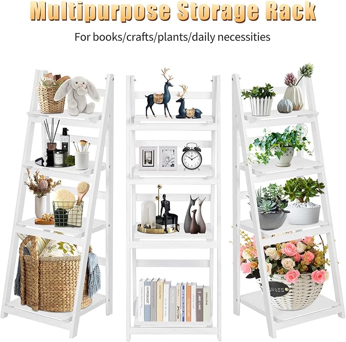 Funkeen Foldable Ladder Shelf Wood Multi Tier Plant Stand Tall Flower Pot Display Outdoor Plant Ladder Plant Holders Indoor Stand Corner Storage Bookshelf for Home Office Balcony Patio Garden White