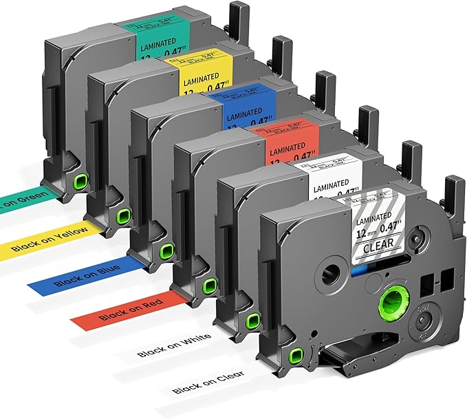 Compatible for Brother P-Touch Label Tape for PTD210 D220 H110 H111 Replace for Brother Label Maker Tape 12mm 0.47 White Laminated & Red/Blue/Green/Yellow/Clear Multi-Color Set for D410 600 610BT,6-PK