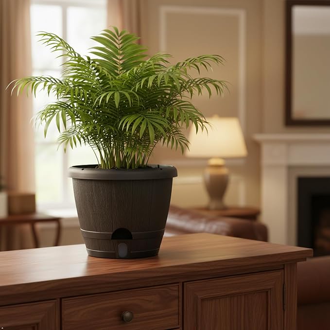 Sun-E 10 inch Plant Pots Self Watering Whiskey Barrel Planters with Drainage Hole&Saucer, Garden Home Indoor Outdoor Plants Pots, Planters for Indoor Plants, Gift Idea for Plant Lovers,Mixed Colors
