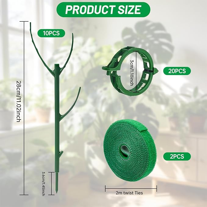 10 Pack Stackable Monstera Plant Support Stakes with 2 Rolls Velcro Ties & 20 Clips, Adjustable Plant Stakes for Indoor Plants, Plant Sticks Support Tall Pothos Climbing