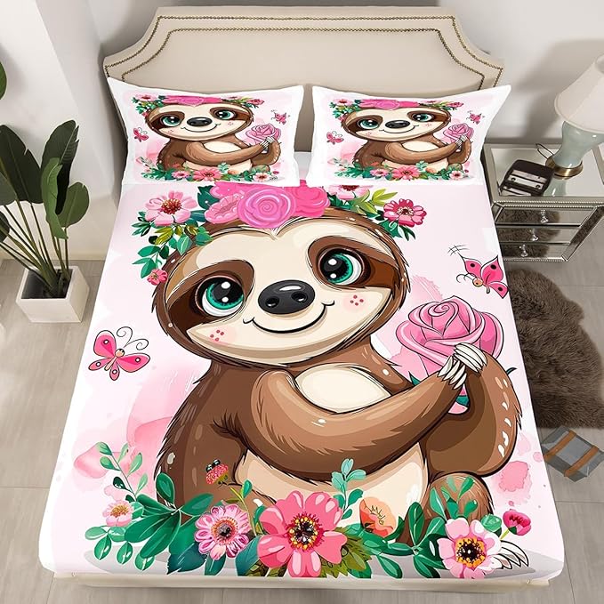 Feelyou Sloth Bed Sheets Set Twin Sheets for Girls Kids Children Cute Animal Pattern Fitted Sheet & Flat Sheet Super Soft Rose Floral Flowers Bedding Set Cartoon Sloth Decor Bed Sheet Set 3 Pcs