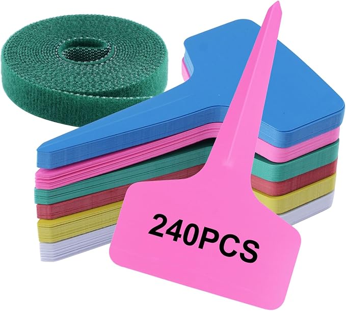 240Pcs 6 Colors Plant Labels with Plant Tie Waterproof Plastic Garden Stake Tags Reusable T-Type Nursery Garden Makers for Seedlings Flower Vegetables Herb Potted (6x10cm)