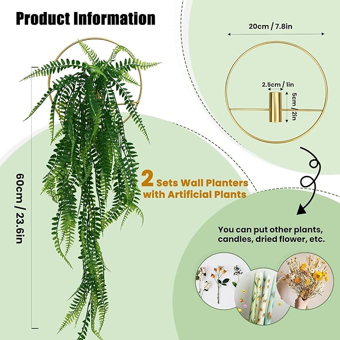 GREENTIME 2 Pack Fake Plants Hanging Artificial Ivy Vine with Gold Round Metal Hanging Vase Faux Hanging Boston Fern for Teacher Appreciation Living Room Bedroom Boho Kitche Wall Shelf Outdoor