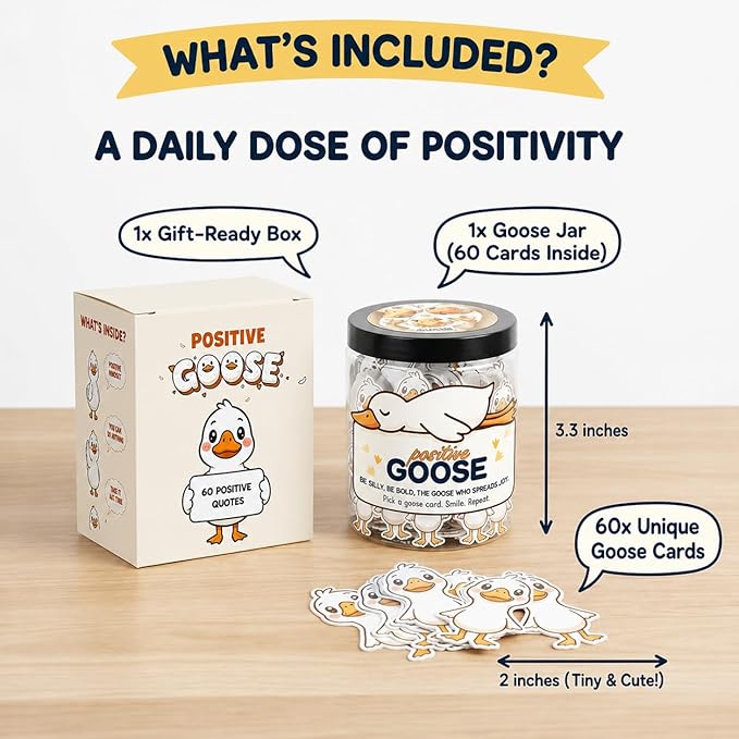 Positive Goose Jar with 60 Affirmation Cards, Emotional Support Goose Decor, Silly Desk Present for Goose Lovers, Mental Health Motivation Jar for Women and Teens, Funny Gag Gift Idea