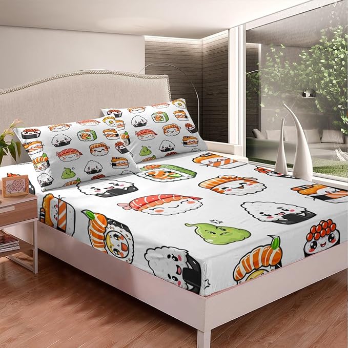 Kids Bed Sheets King Size Cute Sushi Print Bed Sheet Set for Girls Boys Children Bedroom Kawaii Decor Cartoon Japanese Style Bedding Set Teens Sheets Set with Fitted Sheet, Flat Sheet,2 Pillow Case