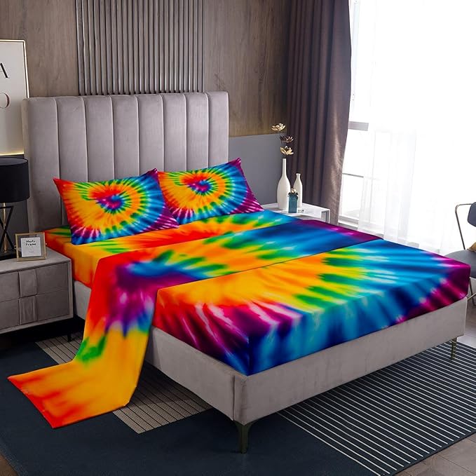 Feelyou Tie Dye Sheet Set Twin Size Kids Girls Boho Trippy Swirl Bed Sheets Set Ultra Soft Bright Colorful Rainbow Bedding Set Women Teens Bedroom Decor Bohemian Gypsy Sheets, Luxury Microfiber