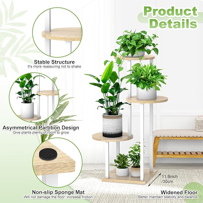 4 Tier Wood Tall Plant Stand Metal Rack Indoor, Multiple Flower Pot Holder Shelves Corner Rack, Round Planter Shelf Display Rack Storage Organizer for Patio Living Room Balcony(White+Oak)