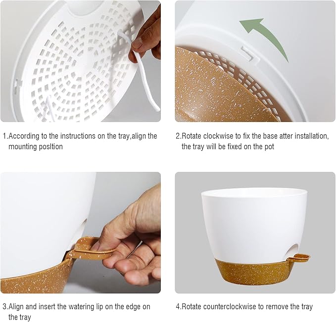 WSMKSZ 10 inch Self Watering Pots, 2 Pack Plastic Planters with Mesh Drainage Holes for Garden Plants, Plants Pots with Deep Reservoir for Indoor Outdoor Plants, White with Brown