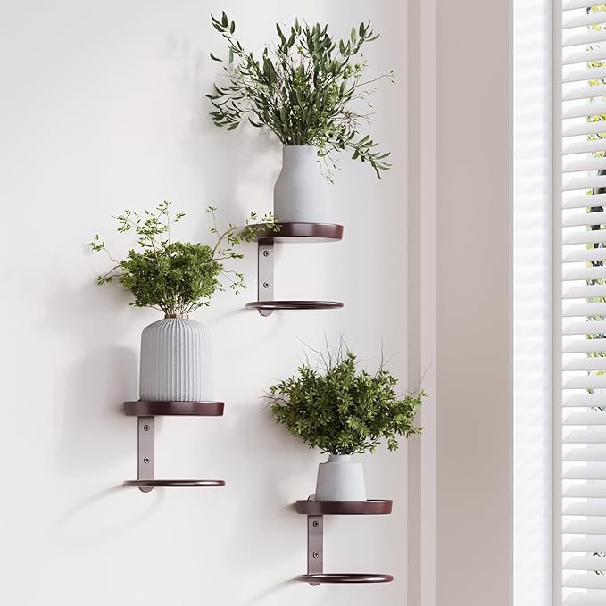 Metal Wall Plant Holder for Indoor Plants, Modern Stylish Wall Decor, Space-Saving Vertical Shelf for Home, Garden & Office 3 Pack Coffee