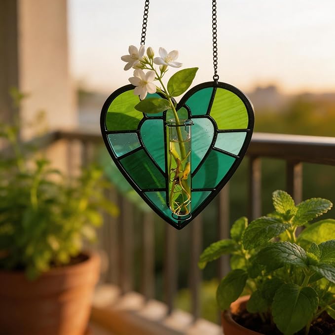 QLCBELOVE Stained Glass Plant Propagation Station, Handmade Suncatchers Window Hanging Decor, Hanging Hydroponic Planter Terrarium with 2 Glass Tubes for Home & Garden Decor, Green, Indoor Outdoor