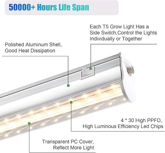 Hywyimlait 1FT Indoor Plant Grow Light, Full Spectrum Sunlight, T5 Grow Lamp with Side Switch, LED Growth Light Bulb, Plug and Play, Easy Installation, Suitable for Greenhouse Seedlings, 4 Pack
