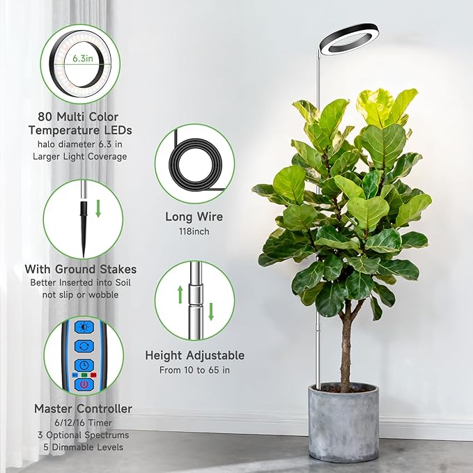 Aokrean 6.3in Grow Light, 80LED Full Spectrum Plant Light for Indoor Growing, Height Adjustable 10"-65", Auto Timer 6/12/16H, 3 Optional Spectrums, Idea for Large Plant, 5V, Black, 2 Pack