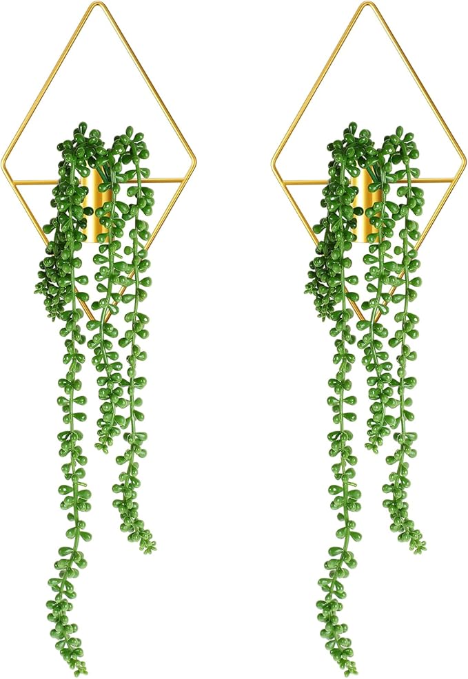 Jexine 2 Pcs Boho Wall Decor Gold Hanging Planters with Artificial Plants Wall Art Mounted Metal Home Decor Display Bedroom Bathroom Living Room (Succulent Plants)