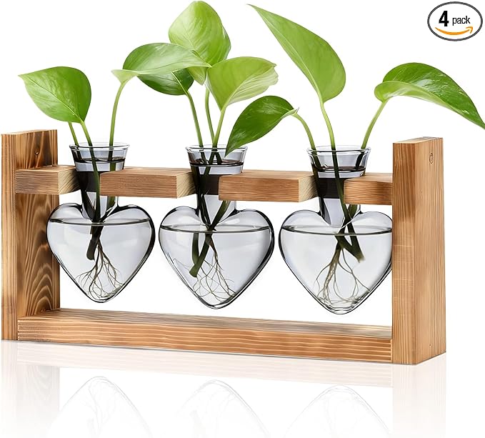 Nacome Plant Terrarium Propagation Stations: Mothers Day Gifts for Mom Plant Lovers Women Wife Daughter - 3 Bulb Glass Vase with Wooden Stand Tabletop for Hydroponics Home Garden Decor(Gray)