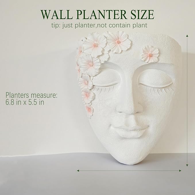 Face Shape Wall Planter Elegant White Resin Wall-Mounted Head Pot with Drainage Hole Unique Small Vase Holder for Succulents, Hanging Plants & Home Decor Beautiful Gift for Plant Lovers