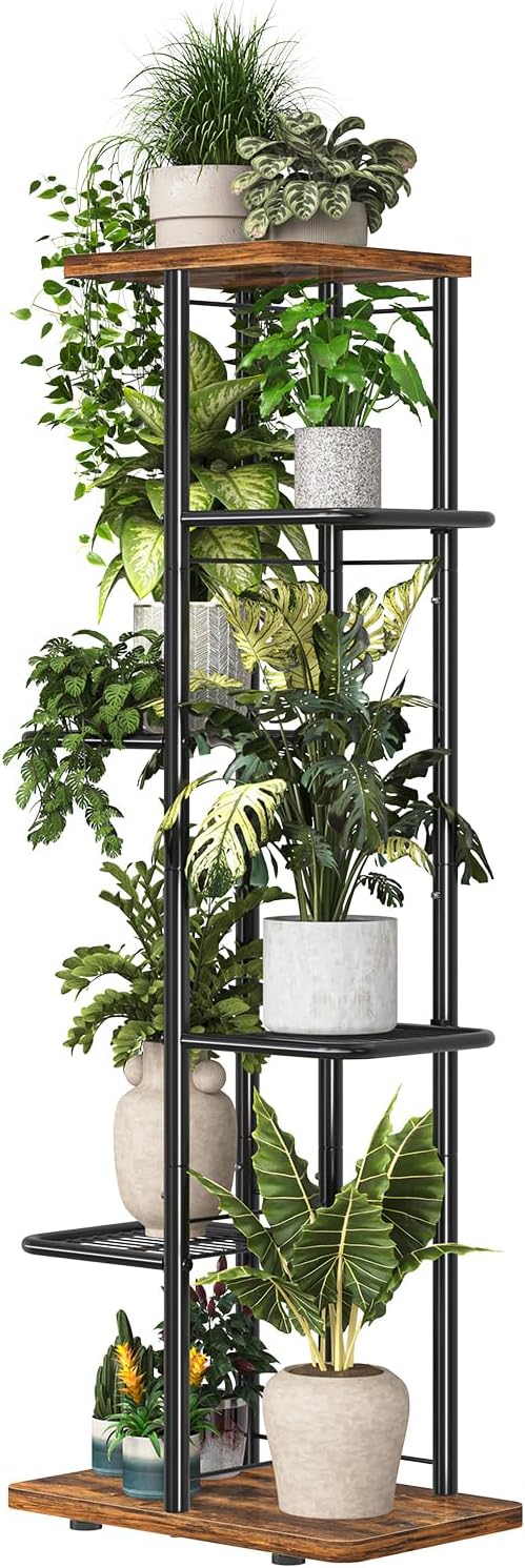 Simple Trending Plant Stand Indoor Outdoor, 6 Tier Plant Shelf, Tall Corner Flower Pot Holder, Metal Display Rack for Patio Balcony Living Room,Brown
