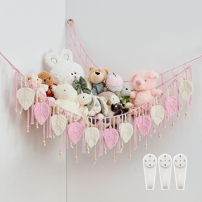 Pretty Jolly Macrame Stuffed Animal Hammock with Beads Hand Woven Leaf Tassels Corner Hanging Net Boho Holder for Kid Room Nursery Decor Easy Install Organizer for Girls Gift(Light Pink)