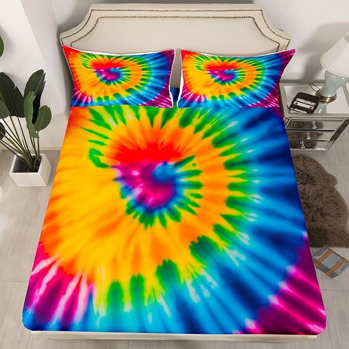 Feelyou Tie Dye Sheet Set Queen Size Kids Girls Boho Trippy Swirl Bed Sheets Set Ultra Soft Bright Colorful Rainbow Bedding Set Women Teens Bedroom Decor Bohemian Gypsy Sheets, Luxury Microfiber