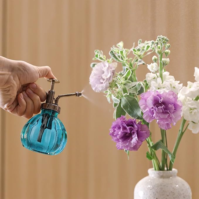 T4U Glass Plant Mister 200ML, Vintage Spray Bottle with Top Pump Fine Mist Flower Garden Sprayer Small Decorative Spritzer Watering Can Gift for Indoor Outdoor Succulent House Plant (Blue)