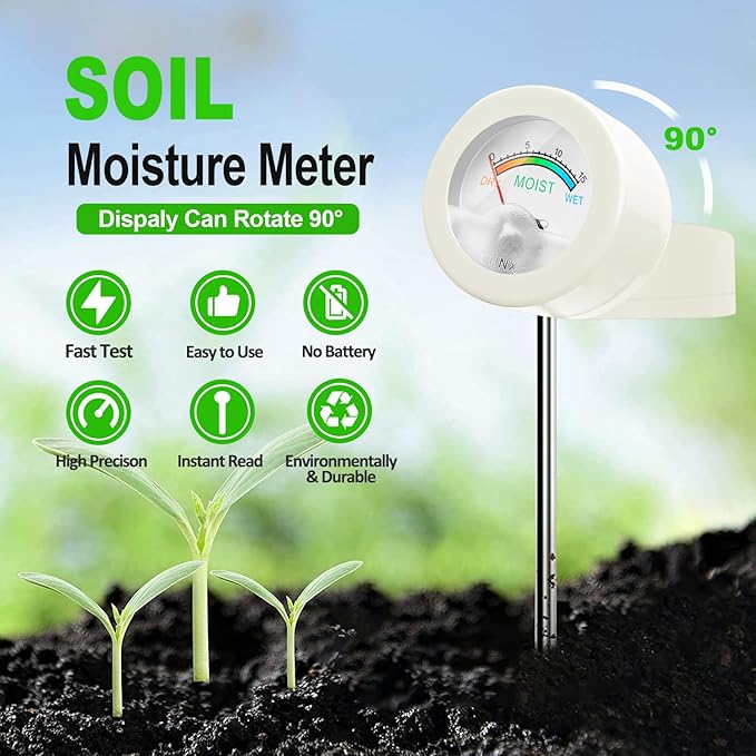Soil Hygrometer Meter for Plants, Gardening Tool - Included 200+ Plants Care Guide, 100 pH Test Strips & Sample Tube, Soil Moisture Sensor for Indoor & Outdoor Use, No Battery Needed (White)