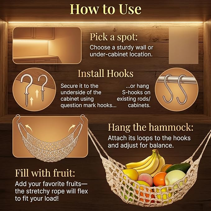 Hanging Fruit Hammock Under Cabinet, 13×16in Macrame Hanging Fruits Basket with 4 Hooks Fruit Net Banana Hammock Hanging Storage Veggie Hanger Basket for Kitchen Home Boat Rv(Beige)