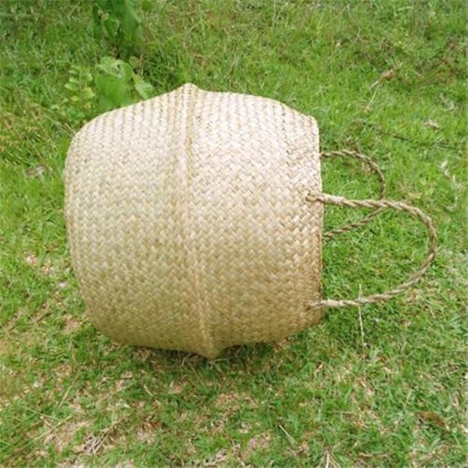 Woven Seagrass Belly Baskets with Handles for Planter Storage Flower Pot Cover Organizer&Laundry,Picnic Fruit&Grocery Baskets,Foldable Handmade Wicker Rattan Basket Hanging Decorative Baskets