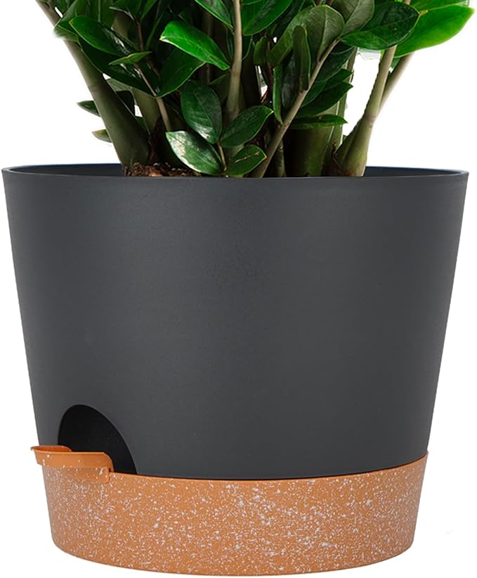 SwinDuck 12inch Large Self Watering Plant Pot, Plastic Cylinder Planter with 60Oz Deep Reservoir and Saucer for Indoor Outdoor Plants Flowers Houseplants, Black with Brown