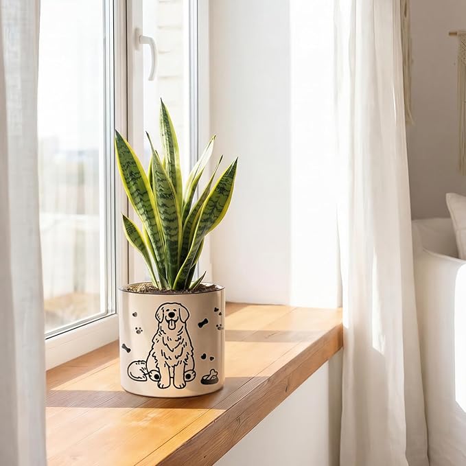 STHIE Ceramic Flower Pots with Drainage Holes, 5 inch Ceramic pots for Plants, Cute Round Flower Planters for Snake Plant, Hand-Painted Garden Pots (Sitting Dog)