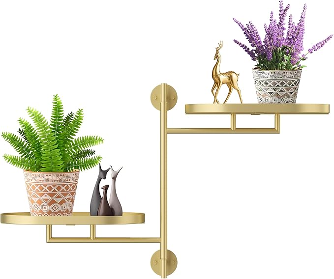 YQSLYSF Window Rotating Plant Stand Shelf Indoor Gold Metal Floating Shelves 2-Tier Wall Mount Plant hanger Holders for Wall Planter Modern Home Decor window sill gifts
