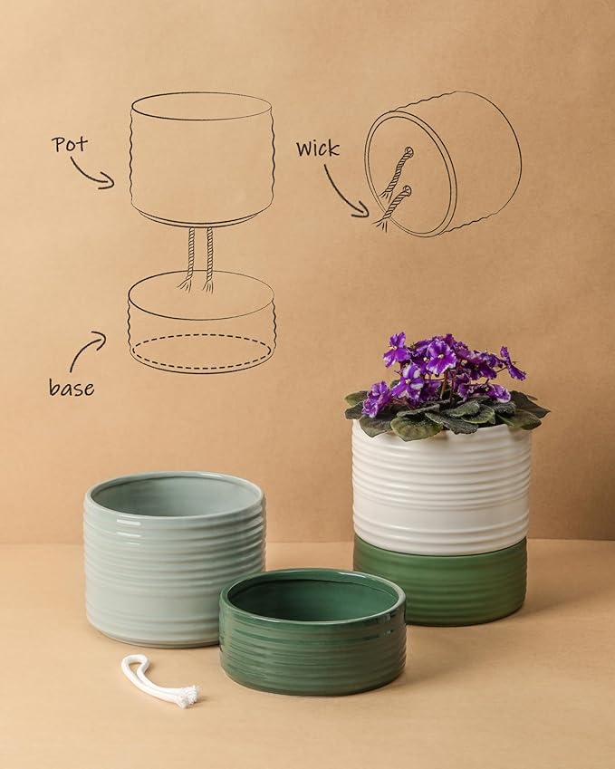 Fayoula Self Watering Pots for Indoor Plants, 6 Inch Ceramic Self Watering Plant Pot, Planter Pot with Wick Rope and Drainage Hole for African Violet Succulent Herbs (Green Light)
