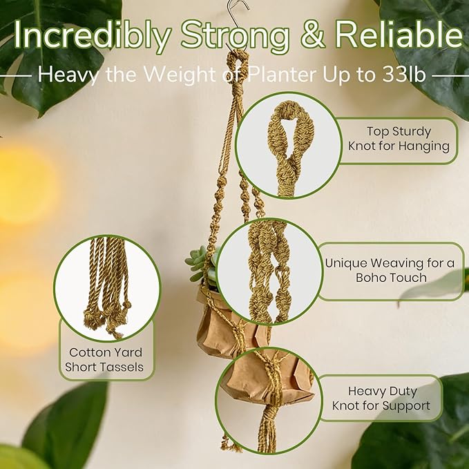 Nomylunota Macrame Plant Hanger with Boho Beads Handmade Hanging Planter Crochet Plant Holder(35.4 inches,2 Yellow)