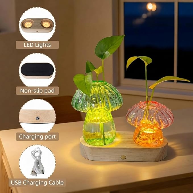 Plant Propagation Station with Light,Mushroom Glass Vases with Stepless Dimming Function for Home Office Decor,Hydroponic Glass Jars Gardening Gifts for Mom Women Plant Lovers