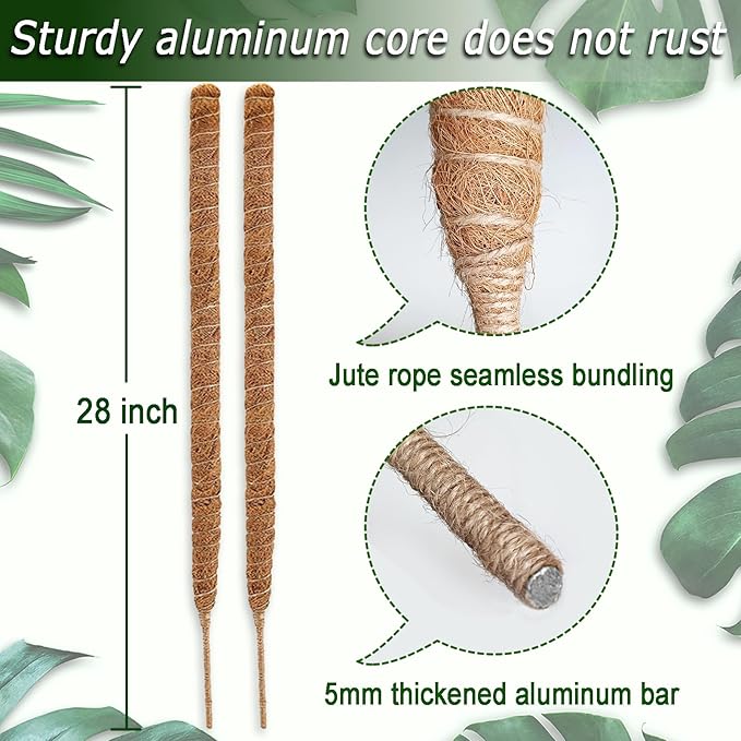 Soupiar 2-Pack 28" Bendable Moss Pole for Monstera, Rust-Free Aluminum Core Plant Support Stakes, Sturdy Stakes to Train & Grow Indoor Climbing Plants Upright (13.2ft Jute Rope Included)