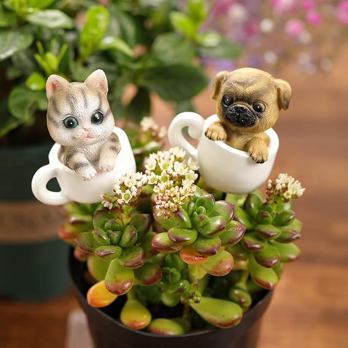 Pug Dog Mini Figurines with Stakes Adorable Garden Statues for Flower Plant Pot Decorations Miniaturefairy Garden Sculpture (Cuddly Puppy Dog)