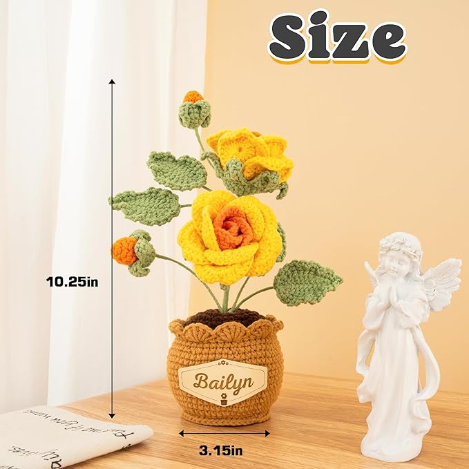 Crochet Flowers with Personalized Leather Name Tag Handmade Knitted Flowers for Home Office Desk Decor Crochet Rose Flower Potted Plant Crochet Gift for Women,Mom,Teacher, Birthday(Yellow)