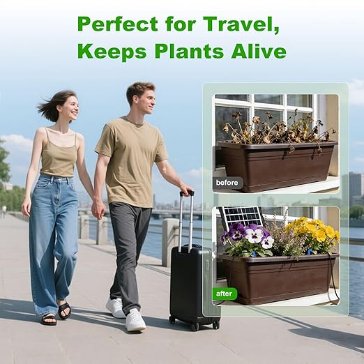Solar Automatic Drip Irrigation Kit System, 50FT Solar Powered Auto Easy DIY Watering Device Supported Pots Plants, 6 Timing Modes with Anti-Siphoning Device