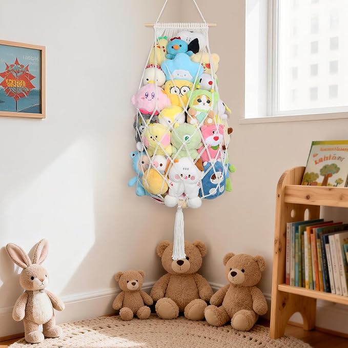 Stuffed Animal Storage Net Corner, 70 Inch Jumbo Macrame Stuffed Animal Hammock Plushie Net, Wall Ceiling Hanging Stuffy Storage Stuff Animal Organizer for Kid Boho Nursery Decor Gift (Cream)