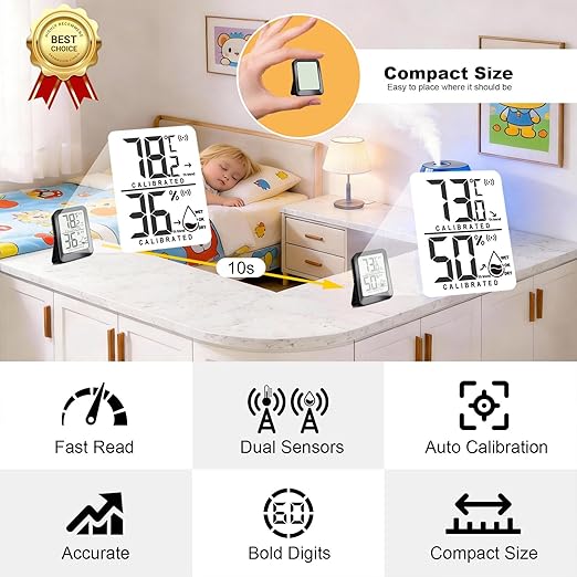 Antonki 4 Pack Mini Room Thermometer Hygrometer Indoor Temperaure and Humidity Monitor Gauge Meter for Home, Baby Room, Office, Incubator, Greenhouse, Reptile - Battery Included - Black