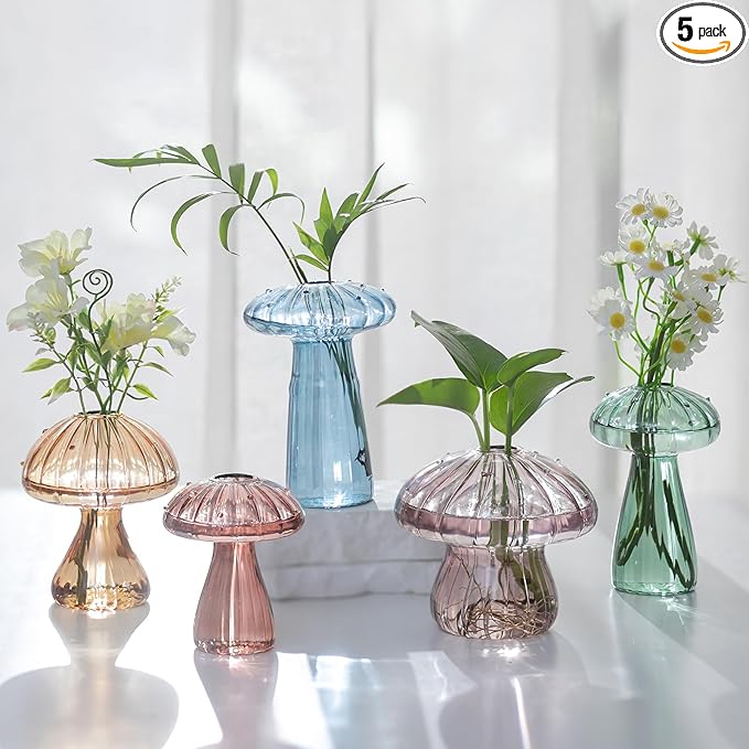 Glasseam Mushroom Propagation Stations for Plants: Colored Hand-Blown Cute Glass Planters for Indoor Plants - 5Pcs Small Hydroponic Terrarium Jars for Home Decor - Gifts for Women Mom Friends