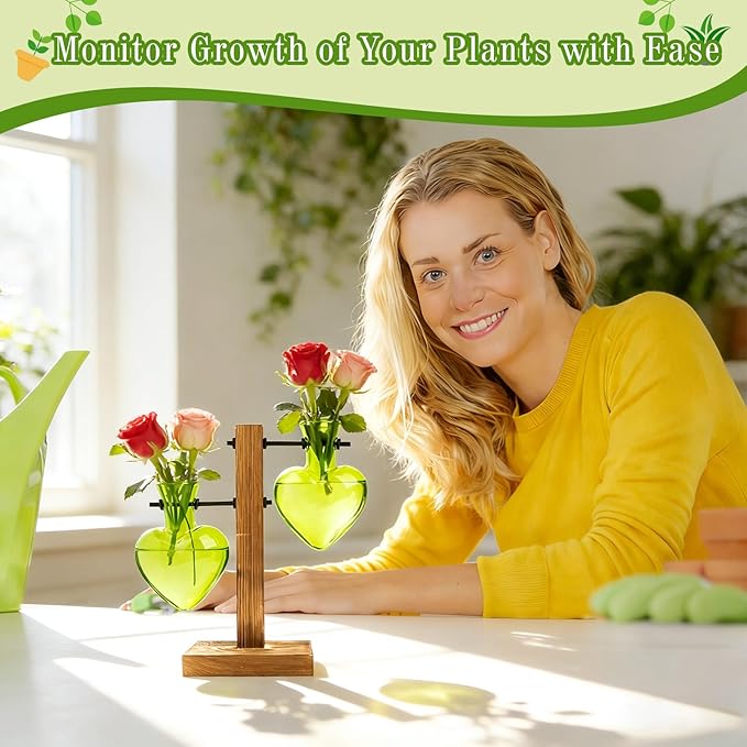 XXXFLOWER Plant Terrarium Wooden Stand, Hydroponic Planter Bulb Glass Metal Swivel Holder Retro Air Plants Water Plants for Home Office Decoration Gifts for Plant Lover Mom- 2 Green Love Bulb Vase