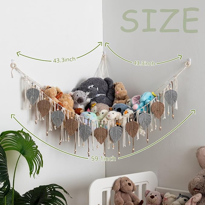 Pretty Jolly Macrame Stuffed Animal Hammock with Beads Hand Woven Leaf Tassels Corner Hanging Net Boho Plush Holder for Tosy Kid Room Nursery Decor Organizer for Girls Gift(Sage Green&Avocado Green)