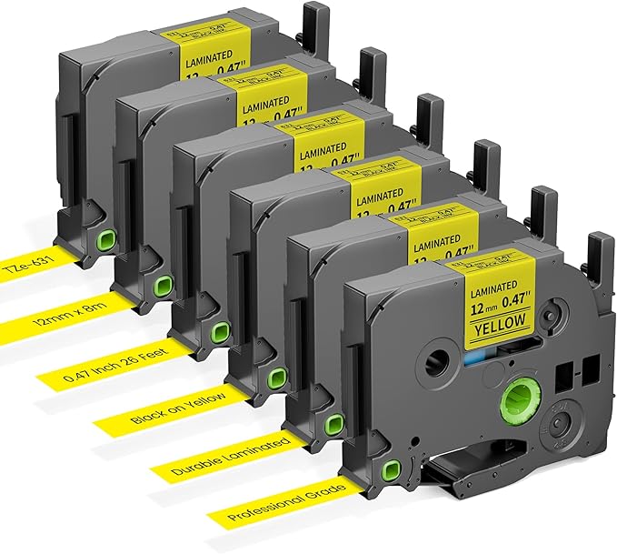 Tze Tz Tape 12mm 0.47 Laminated Yellow Replace for Brother Label Maker Tape Yellow 12mm Compatible with Brother P-Touch Label Tape 1/2 Inch for PTD210 D220 H110 H111 D410 610BT Cube 1280 1880, 6-Pack
