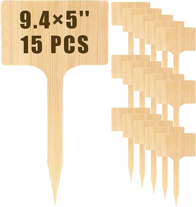 Hicarer 15 Pcs 9.4" x 5" Extra Large Bamboo Garden Markers, Natural Wood T-Type Large Plant Labels for Herbs, Flowers & Vegetables – Easy to Read Full-Size Tags for Garden Outdoor