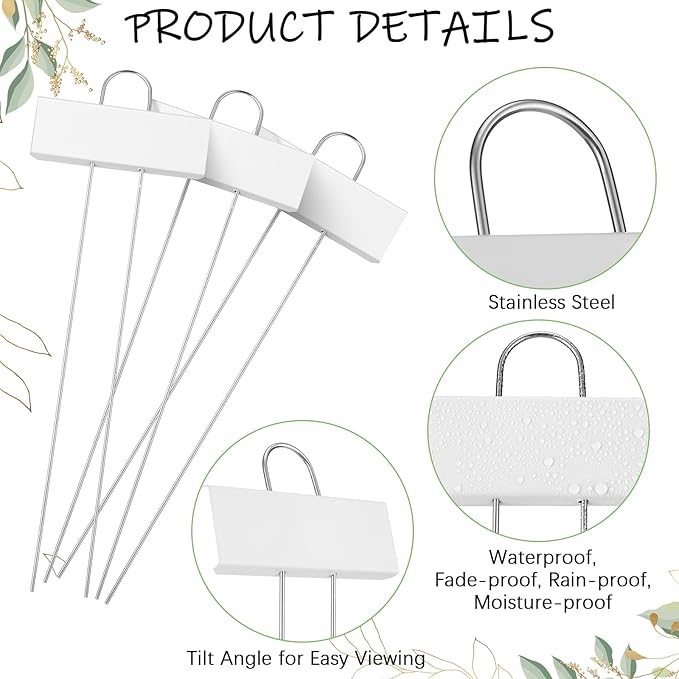 Maitys 62 Pcs Metal Plant Labels Garden Markers Outdoor Weatherproof 10.6 Inch Stainless Steel Nursery Tags Reusable Bulk with Pens for Flower Fruit Vegetable Seedling (White Label with Black Ink)