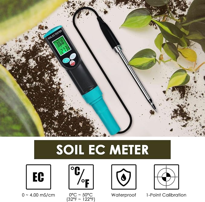 Soil EC & Temperature Meter, 2 in 1 Digital EC Meter with Automatic Temperature Compensation 0~50℃ Portable Soil EC Meter with Corded EC Sensor Electrode for Agricultural, Gardening, Plants