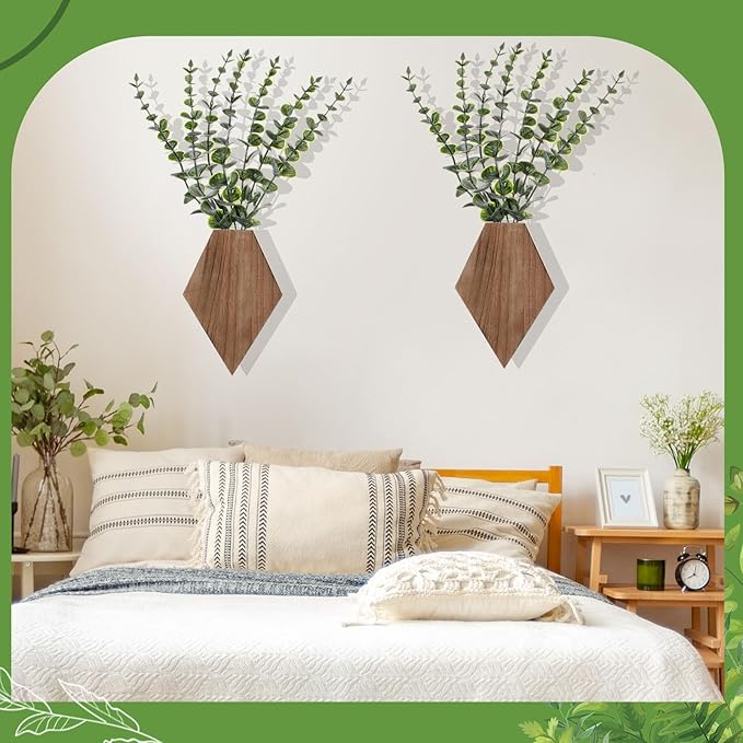 Chunful 2 Pcs Wooden Wall Planter Decor Hanging Fake Plants Greenery Flowers Holder Vase Boxes for Wall Bohemian Farmhouse Room Kitchen Office Indoor Decoration(Wooden Color,7.1 x 4.7 x 1.2 Inches)
