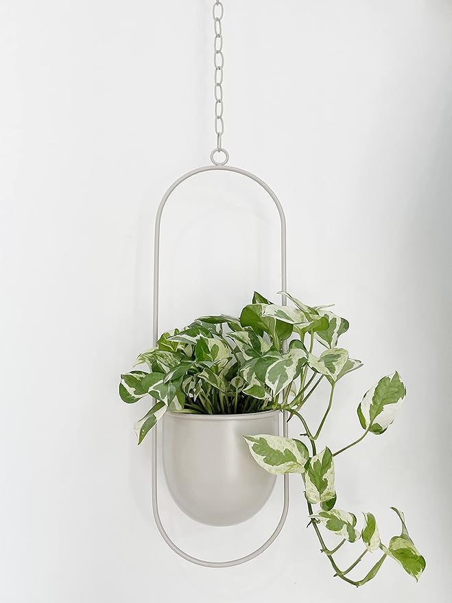 RISEON Boho Beige Metal Plant Hanger,Metal Wall and Ceiling Hanging Planter, Modern Planter, Mid Century Flower Pot Plant Holder, Minimalist Planter for Indoor Outdoor Home Decor