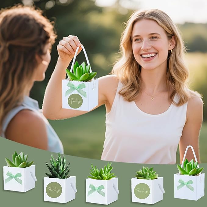 HejVulkan 40 Pack Succulent Wrap Bags Set with 2.5 inch Succulent Gift Bags, Mini Bows and Thank You Stickers, Great Party Favor Gifts for Wedding, Baby Showers, Bridal Showers(White)
