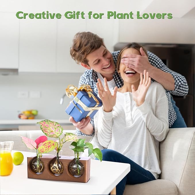 Plant Propagation Station with Wooden Stand, Plant Terrarium with 4 Mode 9-Level Adjustable LED Lights, 3 Glass Propagation Vases for Hydroponics, Propagation Tubes Unique Gifts for Women Home Decor