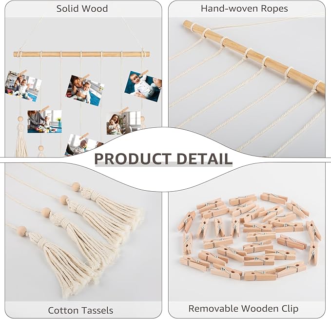 ANROYE Macrame Hanging Photo Display, Picture Holder with 30 Clips for Bedroom Wall, Polaroid Boho Gallery Hangers with LED Light String, Room Decor Gifts for 10 11 12 13 14 Year Old Teen Girl